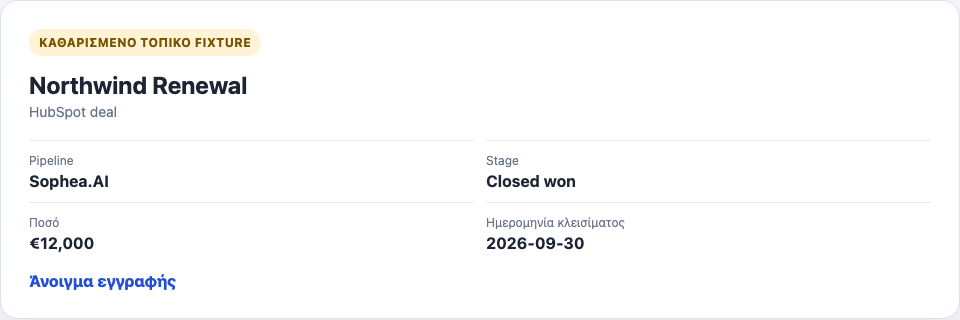 Καθαρισμένο αποτέλεσμα deal HubSpot με pipeline, stage, ποσό, ημερομηνία κλεισίματος και σύνδεσμο εγγραφής.