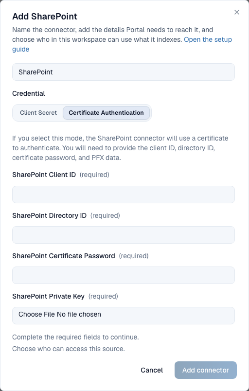 Παράθυρο Add SharePoint του Portal στην καρτέλα Certificate Authentication με κενά πεδία SharePoint Client ID, Directory ID, Certificate Password και αρχείου Private Key.