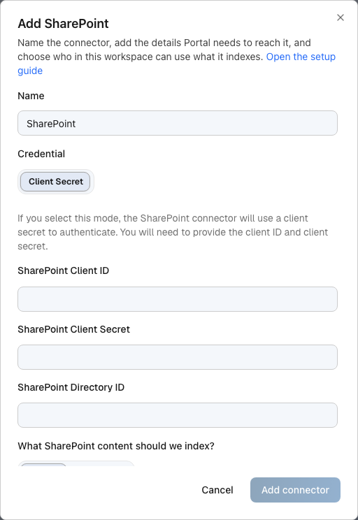 Παράθυρο Add SharePoint του Portal με κενά πεδία SharePoint Client ID, Client Secret και Directory ID. Δεν προσφέρεται Certificate Authentication.