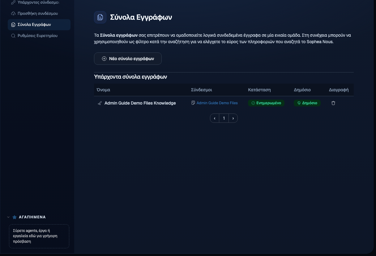Σελίδα διαχείρισης Συνόλων εγγράφων με τα υπάρχοντα σύνολα, τις αναφορές στους συνδέσμους, τις ενδείξεις κατάστασης και ένα κουμπί δημιουργίας νέου συνόλου εγγράφων
