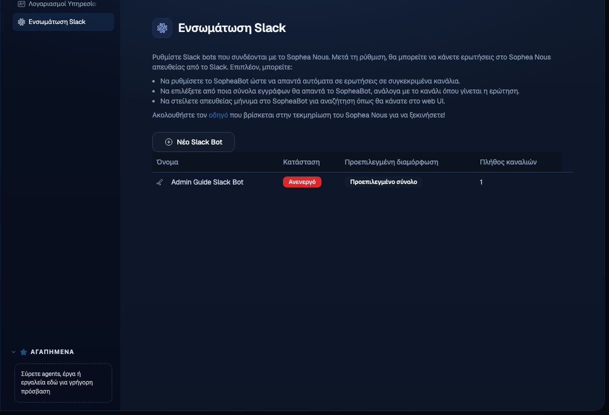 Σελίδα διαχείρισης Ενσωμάτωση Slack με κενή λίστα bot, κουμπί Νέο Slack Bot και στήλες Όνομα, Κατάσταση, Προεπιλεγμένη διαμόρφωση και Πλήθος καναλιών