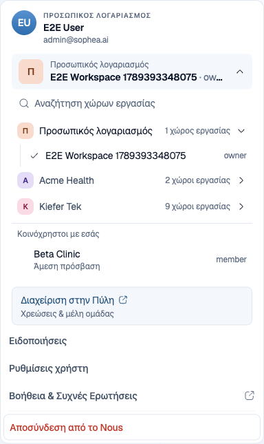 Μενού λογαριασμού του Nous που δείχνει τον τρέχοντα Οργανισμό και Χώρο εργασίας, έναν ανοιγμένο Οργανισμό με τους Χώρους εργασίας του, σημάδι επιλογής στον τρέχοντα, τον ρόλο σε κάθε γραμμή και μια ομάδα Shared with you