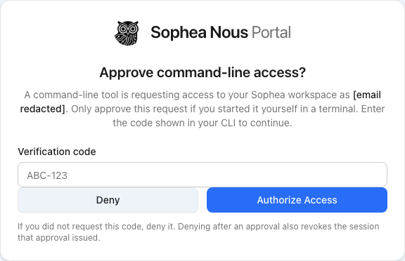 Σελίδα Authorize Coding Agent του Portal με πεδίο εισαγωγής κωδικού επαλήθευσης, το λογότυπο Sophea Nous Portal και κουμπί Authorize Access