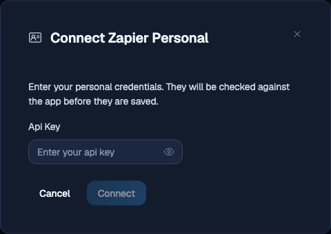 Connect to Zapier dialog asking for the current user's API key, with Cancel and Connect buttons.