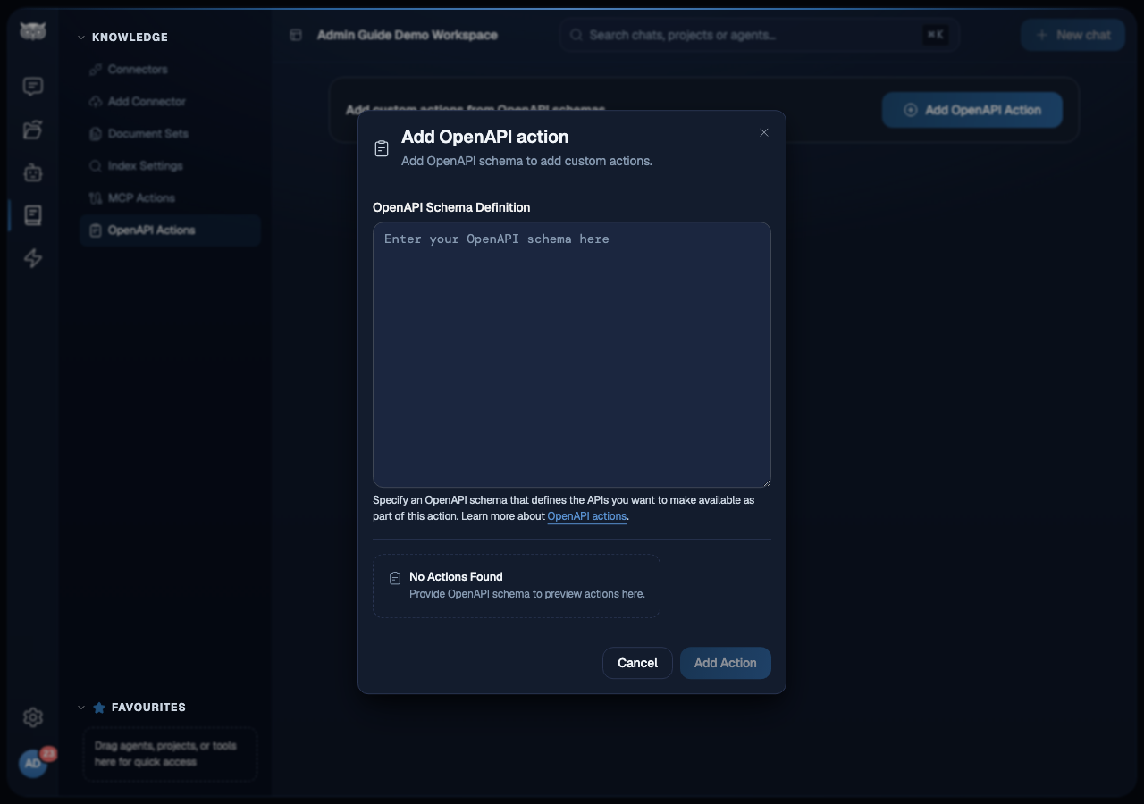 Modal dialog titled Add OpenAPI action. Contains an OpenAPI Schema Definition textarea with placeholder text, a note to learn more about OpenAPI actions, and a No Actions Found section that will preview detected operations once a valid schema is entered. Cancel and Add Action buttons at the bottom.