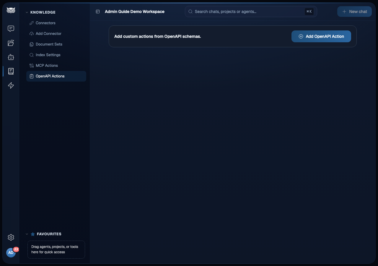 OpenAPI Actions page with OpenAPI Actions selected in the Knowledge sidebar alongside connector and MCP navigation. The main area shows the OpenAPI Actions heading and an Add OpenAPI Action button.