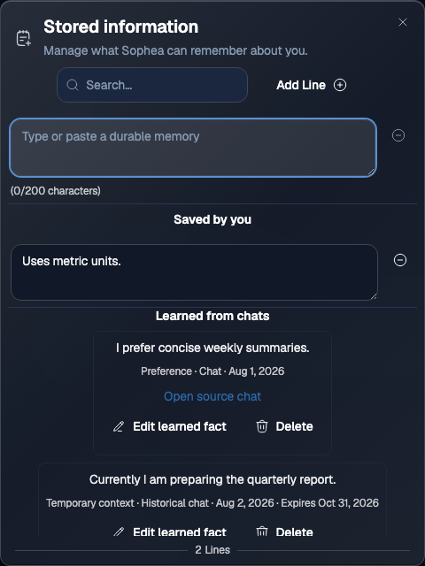 Stored information dialog showing separate Saved by you and Learned from chats lists
