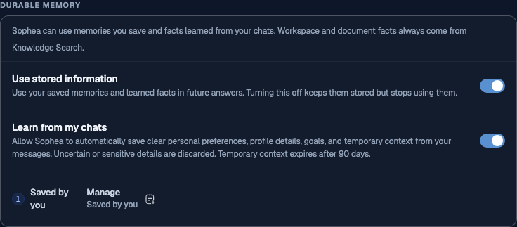Personal Chat Preferences showing Use stored information and Learn from my chats