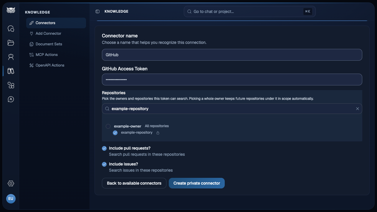 Nous GitHub connector setup showing a masked access token, one selected repository, and enabled pull request and issue search