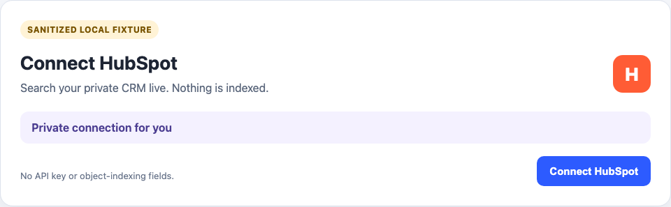 A private HubSpot connector setup card with a Connect HubSpot button and no token or indexing fields.