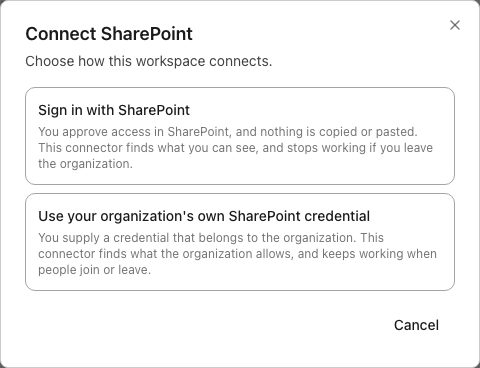 Portal dialog with Sign in with SharePoint and Use your organization's own SharePoint credential choices.