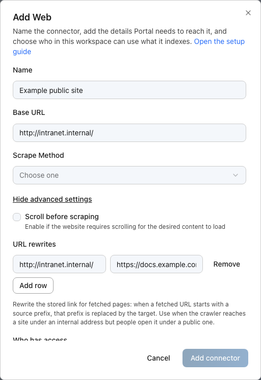Web connector setup dialog showing the URL rewrites advanced option with the source prefix http://intranet.internal/ rewritten to the target prefix https://docs.example.com/