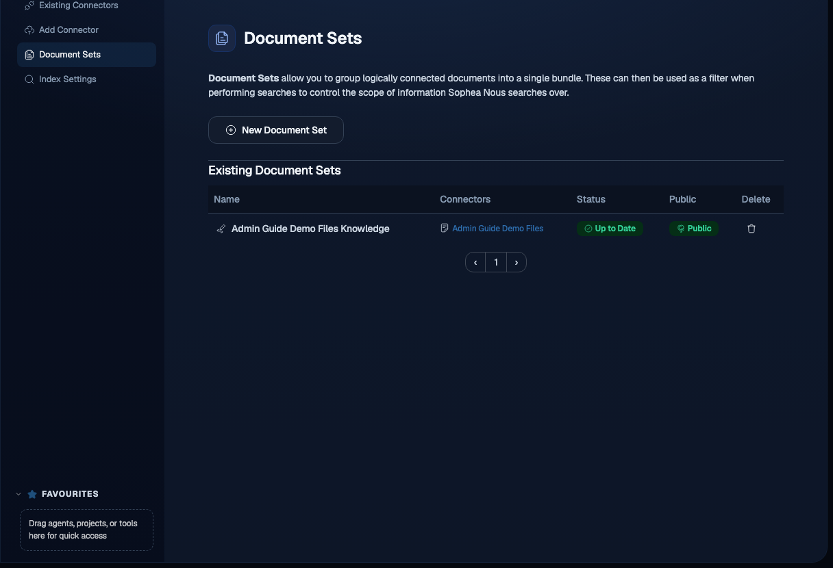Document Sets admin page listing existing sets with connector references, status badges, and a New Document Set button