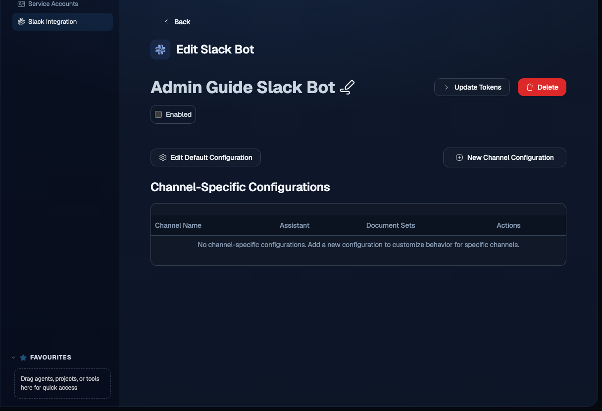 The channel routing section of a Slack bot showing fields to bind Slack channel IDs to specific agents and document sets