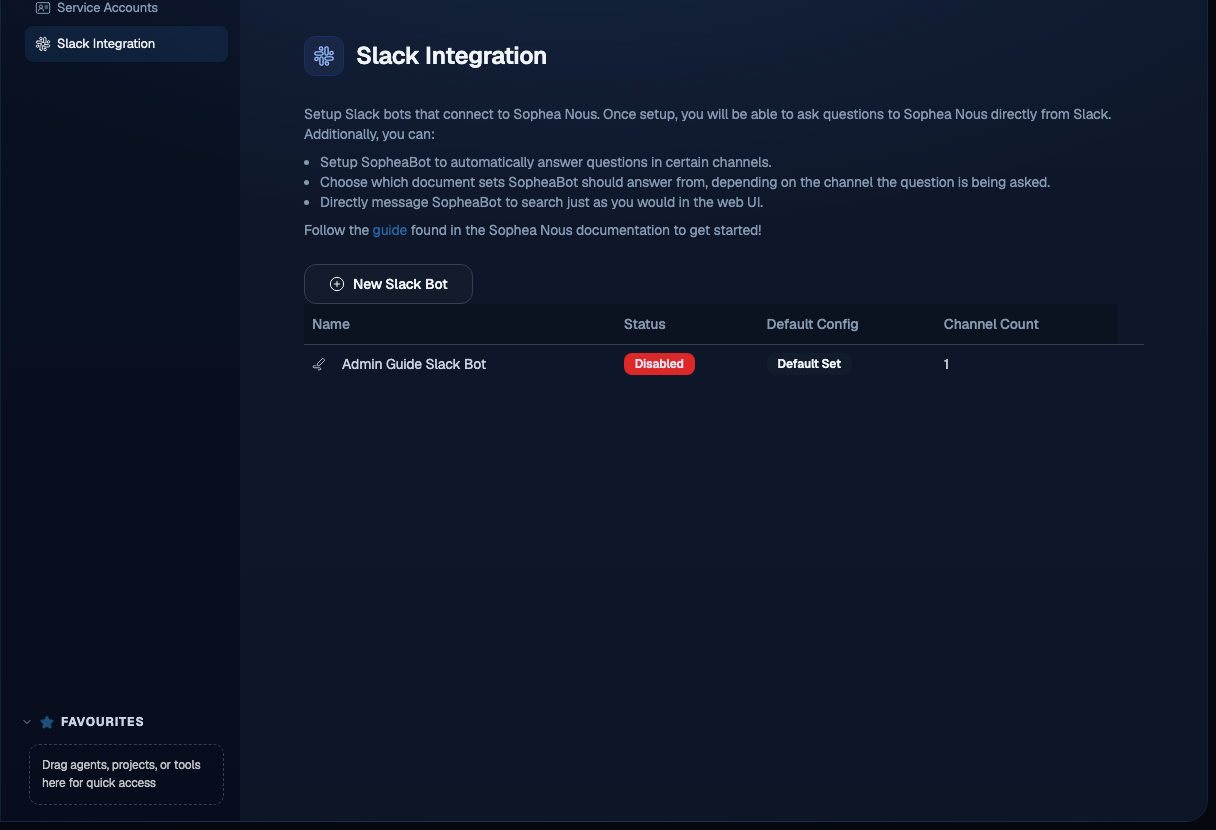 The Slack Integration admin page showing an empty bot list with a New Slack Bot button and columns for Name, Status, Default Config, and Channel Count
