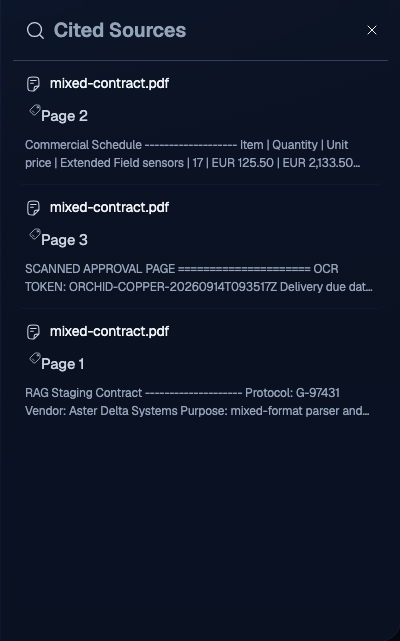 Cited Sources panel displaying three cited pages from the same PDF with the original filename and an excerpt for each page