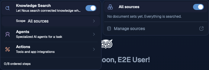 Sophea Nous Tools menu showing Knowledge Search enabled, the current scope, Agents, and Actions