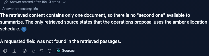 After selecting the second file, the answer states a fact from its contents and shows a SharePoint citation.