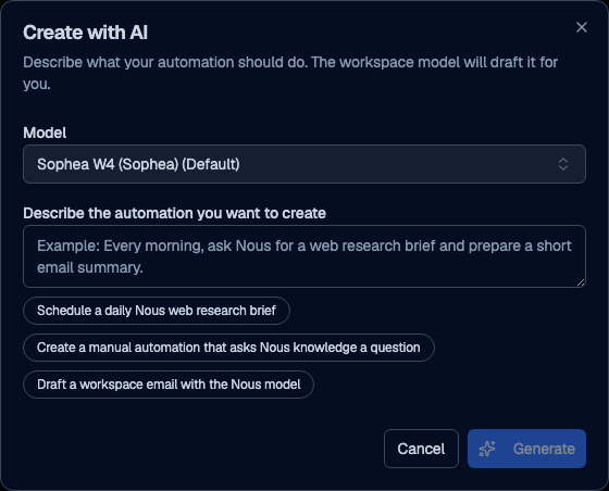 Create with AI dialog with Sophea W4 selected and marked as the default model