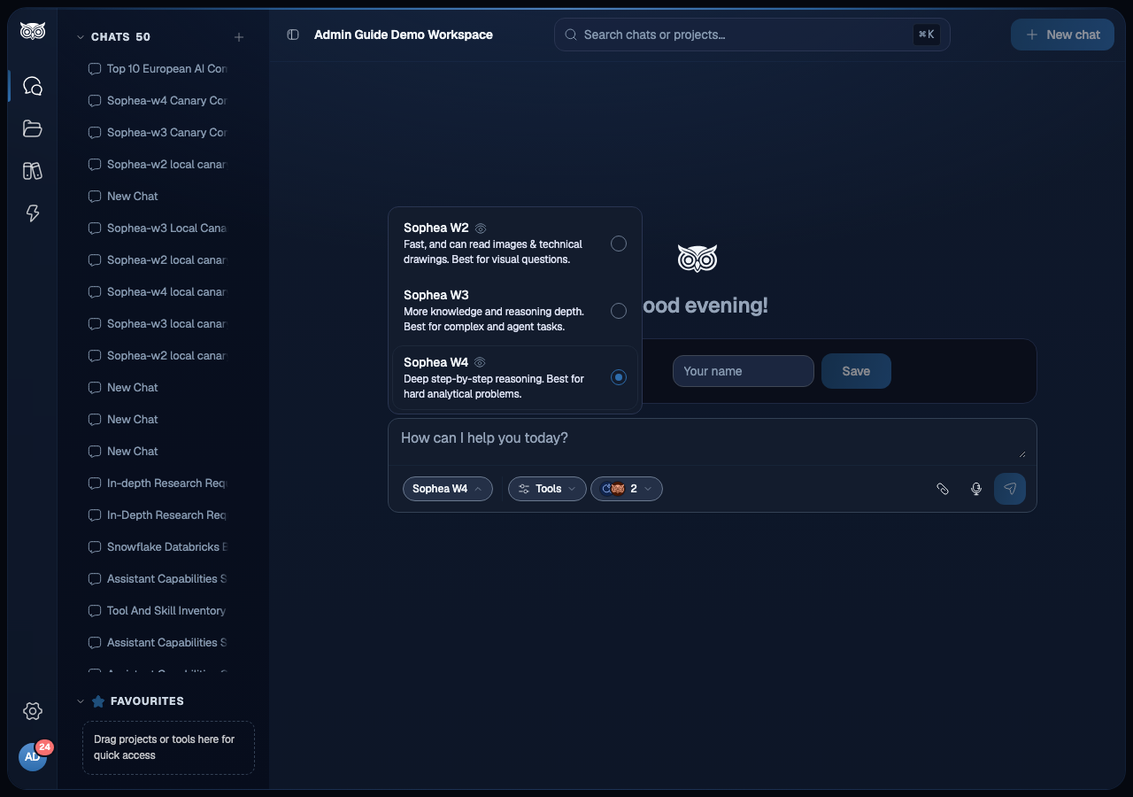 Nous chat model selector with Sophea W4 selected as the current Workspace default