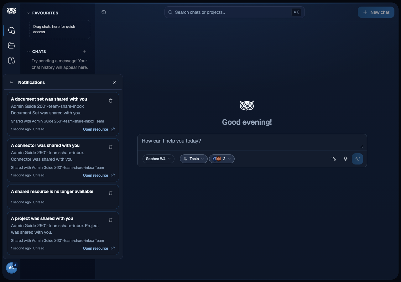 In-app notifications inbox showing a Project Team-share notification row with link, Team names, and received time