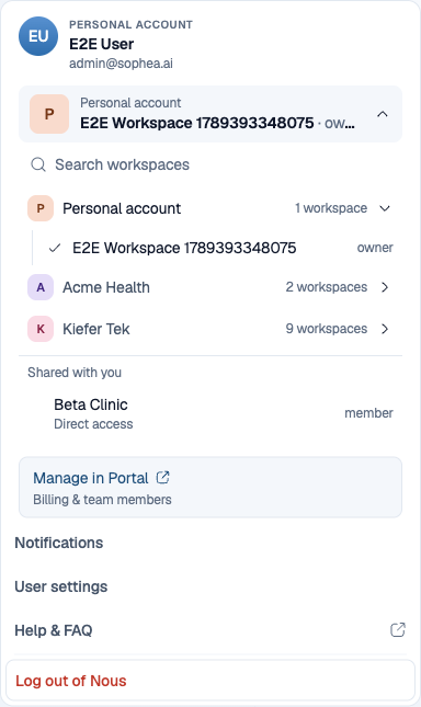 Nous account menu showing the current Organization and Workspace, an expanded Organization with its Workspaces, a checkmark on the current one, each row's role, and a Shared with you group