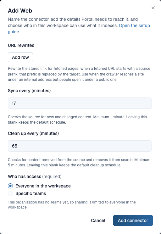 Portal add connector form with Advanced settings expanded, showing Sync every (minutes) set to 17 and Clean up every (minutes) set to 65