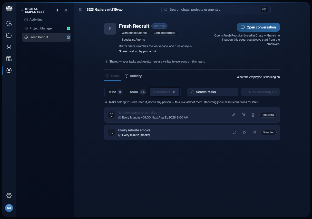 Nous employee dashboard Scheduled segment showing a Weekly stakeholder digest job with its cadence label, next run, and Edit, Disable, and Delete actions