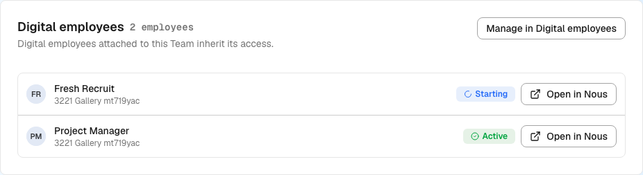 Team Resources card listing an active Digital Employee with links to manage employees or open the employee in Nous