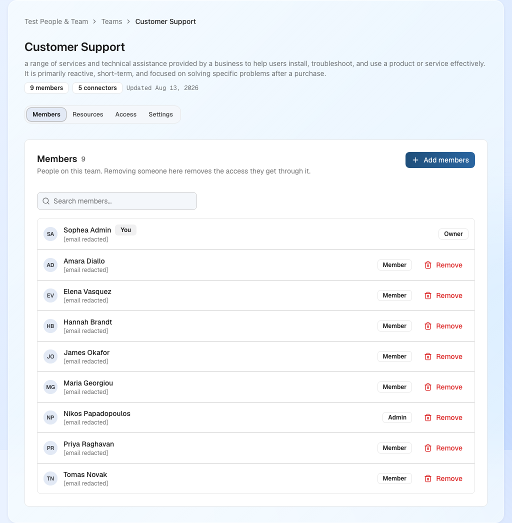 Team detail page on the Members tab with Members, Resources, Access, and Settings tabs and a member list showing each person's Organization role