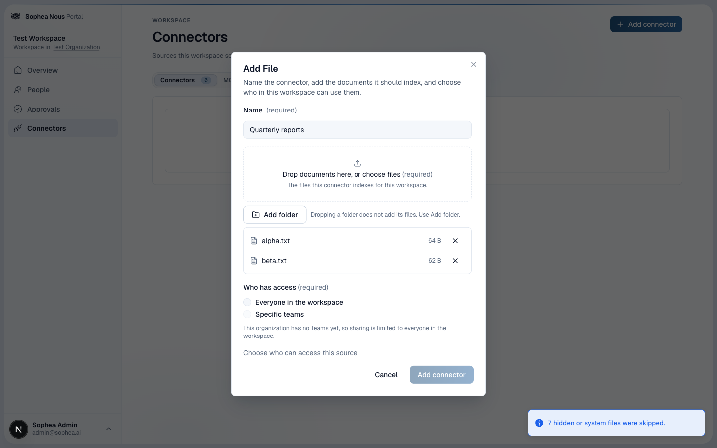 Portal Add File dialog with a connector name, the upload area, an Add folder button, a selection of two text files, and a notice that 7 hidden or system files were skipped